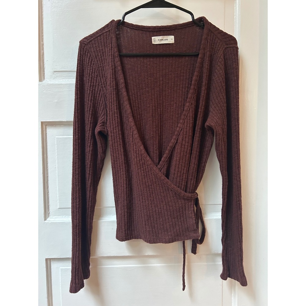 Everlane Ribbed Organic Cotton Blend Side Tie Wrap Sweater Brown XL